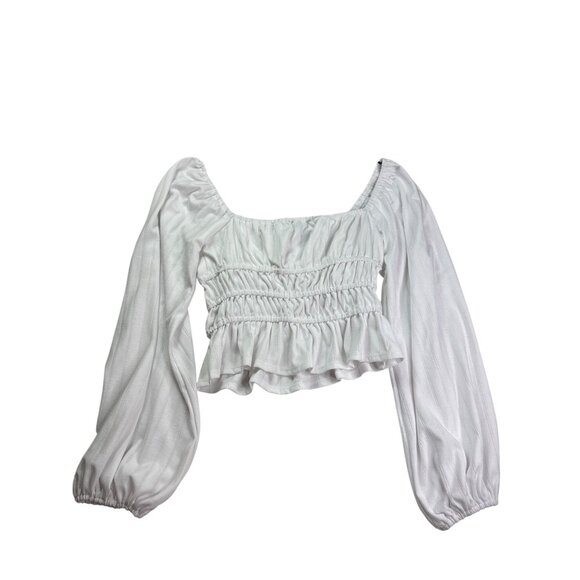 Forever 21 Smocked Cropped Peasant Top S Keyhole Tie Front White Festival Boho - Picture 3 of 6